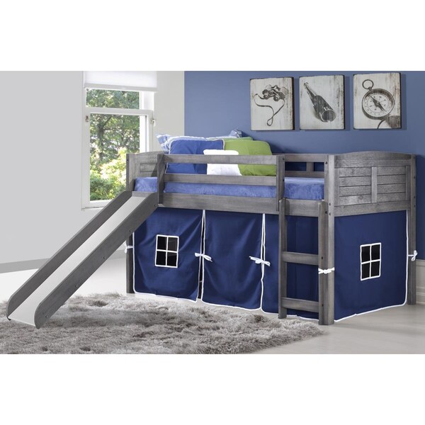 Donco Donco PD-790AAG-B-785AG Twin Size Louver Low Loft with Slide & Blue Tent in Antique Grey PD_790AAG_B_785AG - main